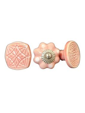 Set of 3 Pink Ceramic Knobs Decorative Drawer Pulls Geometric Floral Design Vint